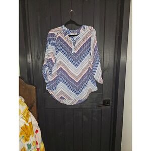 Cato Womens Geometric Print Tunic Top 3/4 Sleeve V Neck Blue White Red